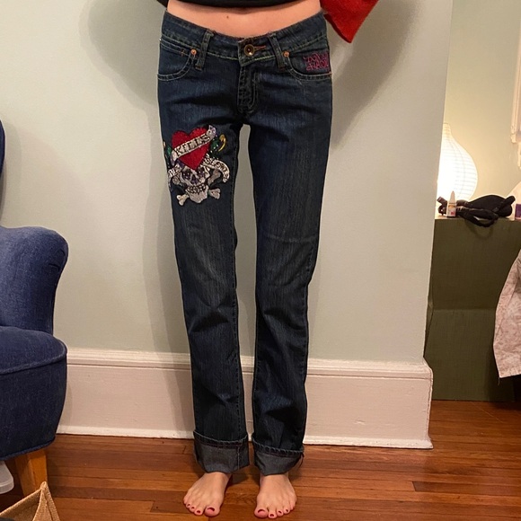 Ed Hardy Denim - Ed Hardy Dark Blue Straight Leg Jeans with Skull Design